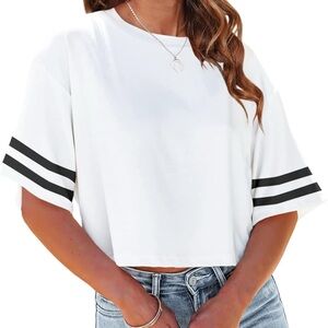 White Cropped Tee with Black Sleeve Stripes | Casual Sporty Top
